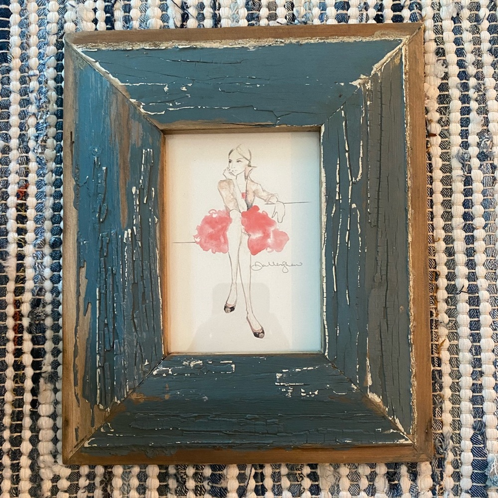 Watercolor print with blue wooden handmade frame.